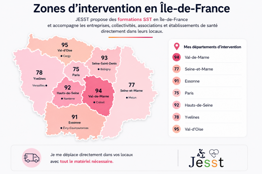 Carte des départements d’intervention pour les formations SST en Île-de-France